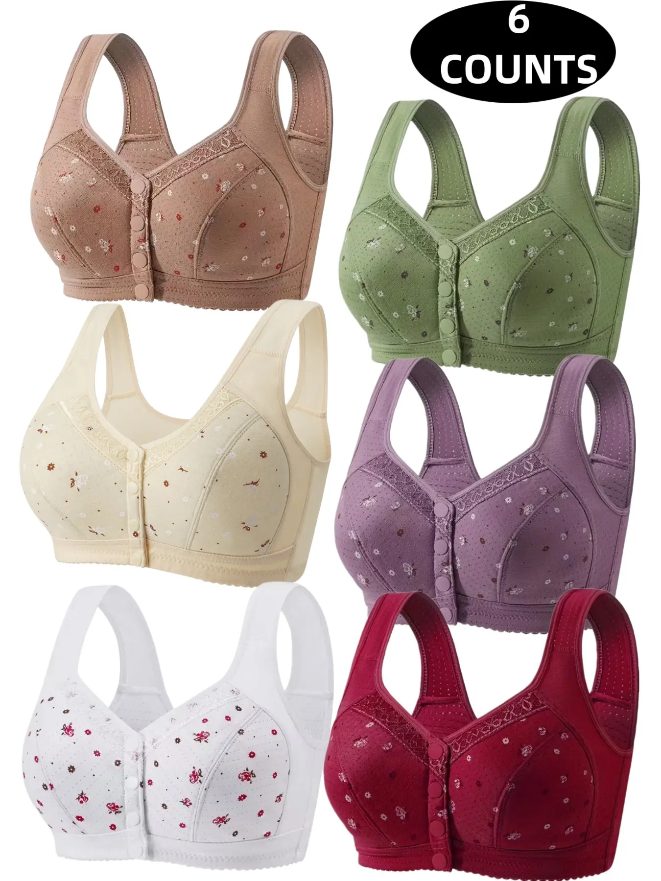 6-Pack Women's Lace Seamless Bras, Wire-Free Front Clasp Push-Up Underwire Free Bra, Breathable Soft Fabric, All-Day Support