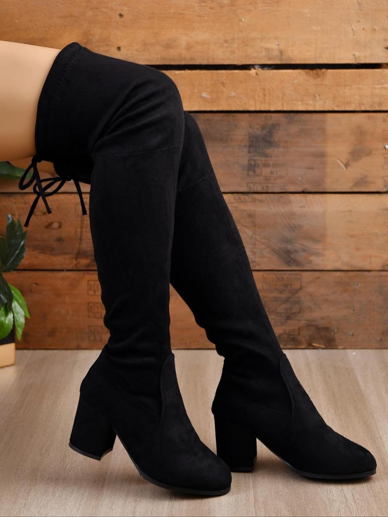 Elegant Solid Color Mid-Heel Over-the-Knee Boots, Fashionable Warm and Comfortable Boots for Fall & Winter, Trendy All-Match Thick-Heeled Boots for Daily Wear