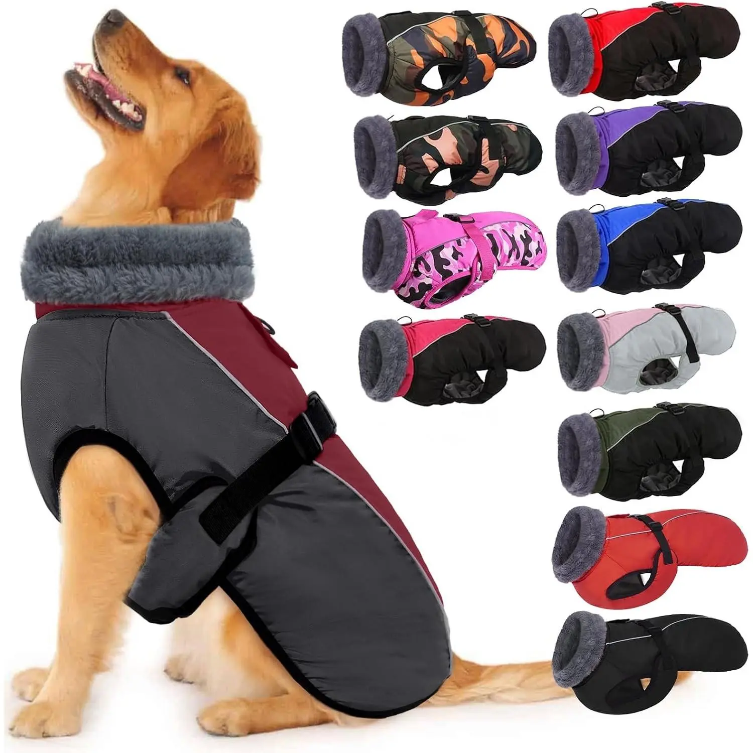 Dog Coats for Large Dogs Winter Waterproof, XXXL Dog Jacket with Adjustable Buckle,Thick Turtleneck Snow Jacket for Cold Weather, Pet Warm Fleece Vest for Doberman, Great Dane, Burgundy, 3XL