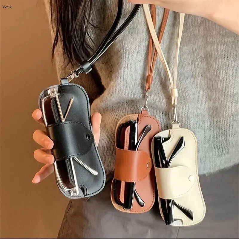Portable PU Leather Glasses Case with Detachable Lanyard, Snap Button Soft Sunglasses Storage Pouch Anti-Scratch Eyeglasses Protective Bag Lightweight 46.1g Eyewear Holder for Women Men, Available in Black Brown White