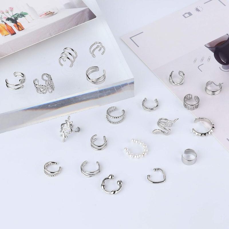 FIBO STEEL 20 Pcs Ear Cuffs Earrings Set for Women Non-Piercing Dainty Cartilage Ear Clip Earrings with Copper Inlaid Zircon Adjustable Fashion Jewelry