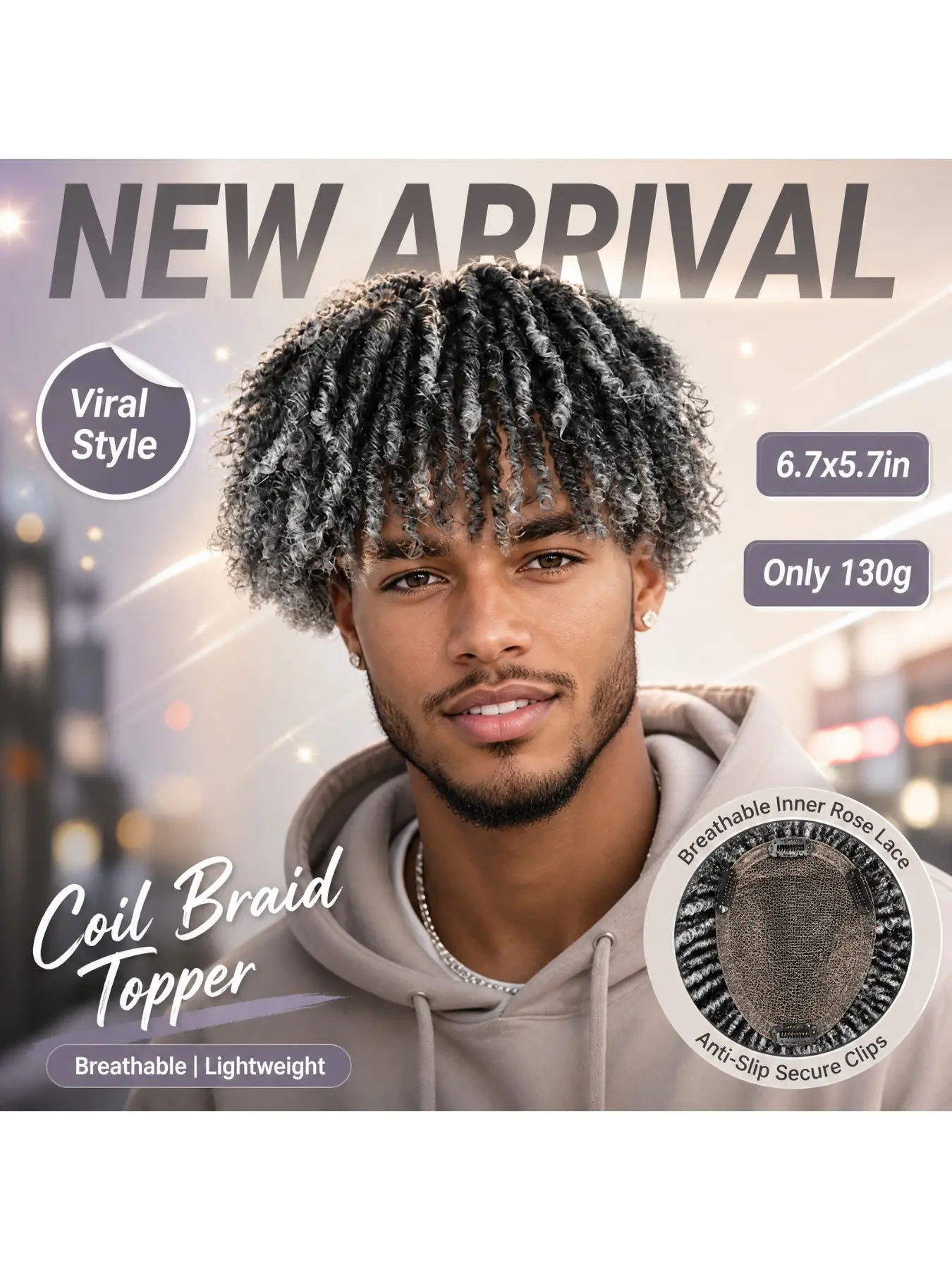 Mens Kinky Coil Braid Hair Topper African‑Fiber Hairpiece Breathable Rose Lace Inner Net Scalp‑Friendly Soft Lightweight 3 Anti‑Slip Clips Secure Hold For Daily Wear Party Dating Casual Outing Hairstyle
