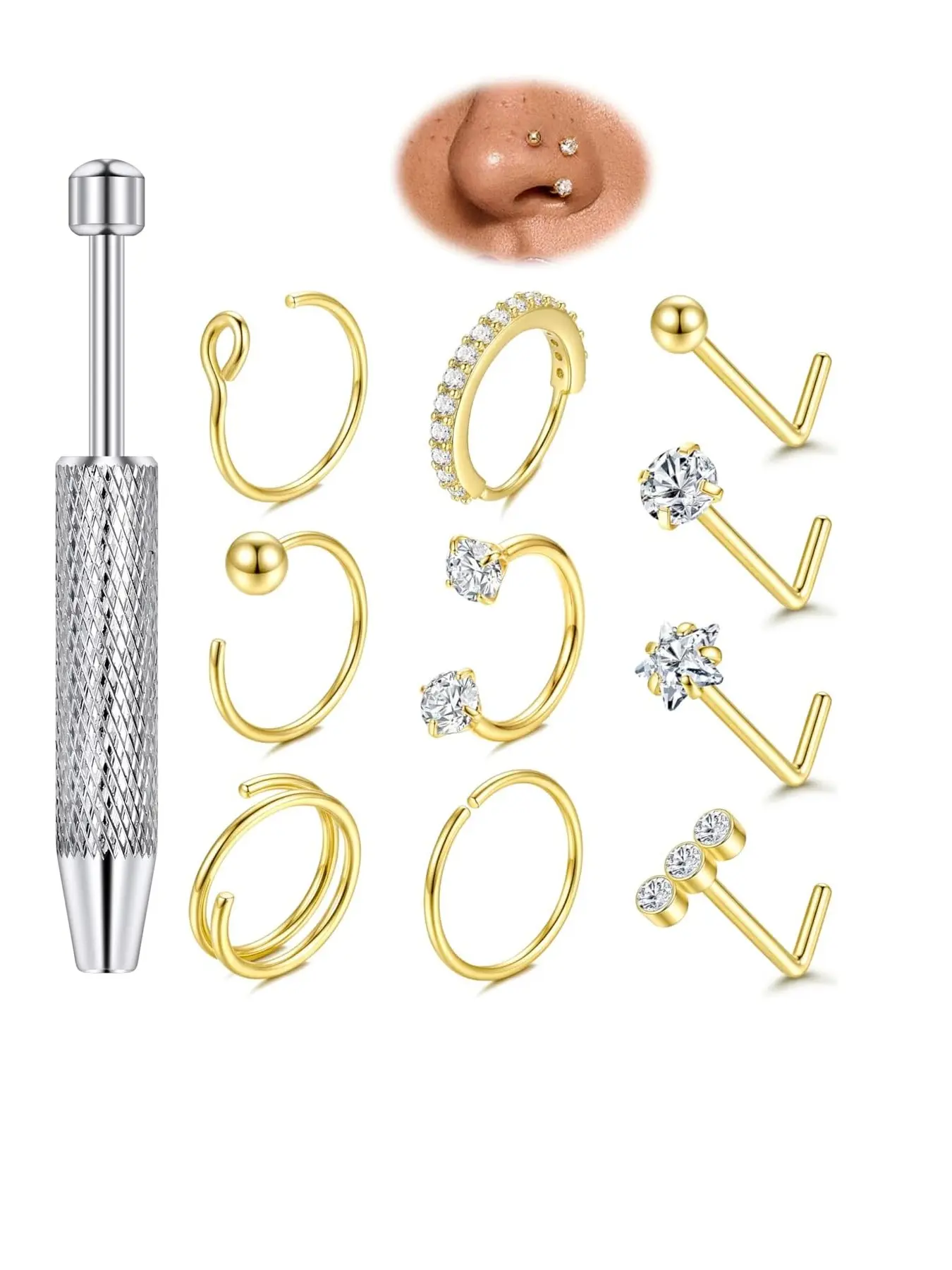 316L Surgical Steel Nose Piercing Kit with Piercing Grabber Tool, Assorted Silver CZ Inlaid Septum Hoops, Spiral Double Rings, L Shape Crystal Nose Studs, Hypoallergenic Reusable Nostril Cartilage Ear Body Piercing Jewelry Combo for Women Men