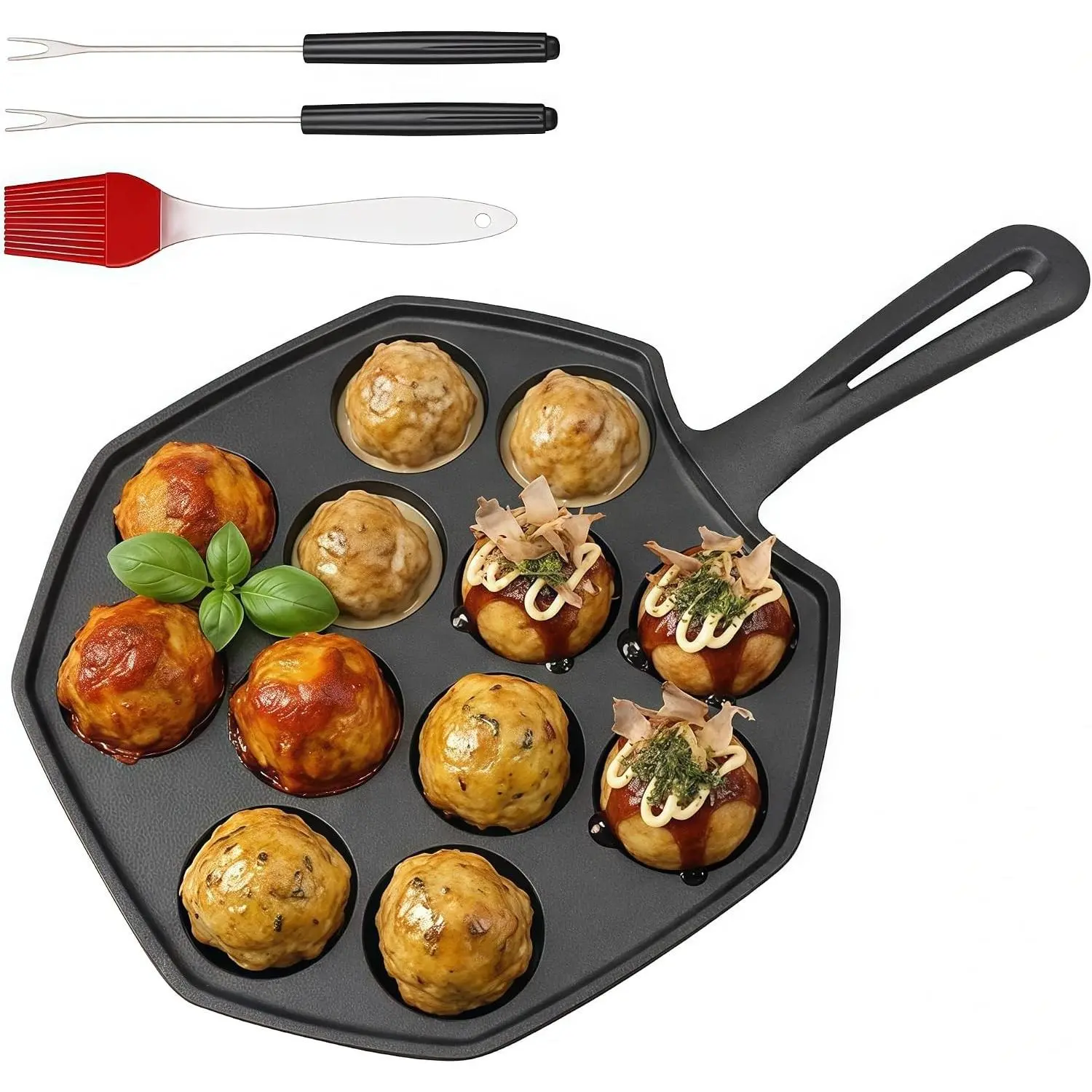 Cast Iron 12 Hole Takoyaki Pan, Aebleskiver Pancake Puff Pan with Forks & Brush, Oven Safe