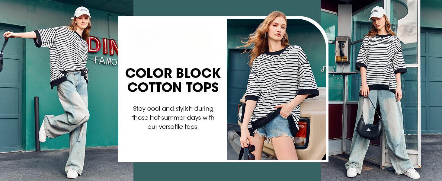 Imily Bela Womens Oversized T Shirts Striped Color Block Cotton Tops Summer Casual Half Sleeve Loose Fit Crewneck Sweatshirts