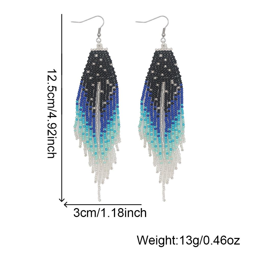 Women's Long Dangle Earrings: Handcrafted, Beaded, and Woven—Featuring a Gradient Blue-to-Black Seed Bead Tassel Design—Perfect for Street Style and Creating a Captivating "Vibe" for Photos