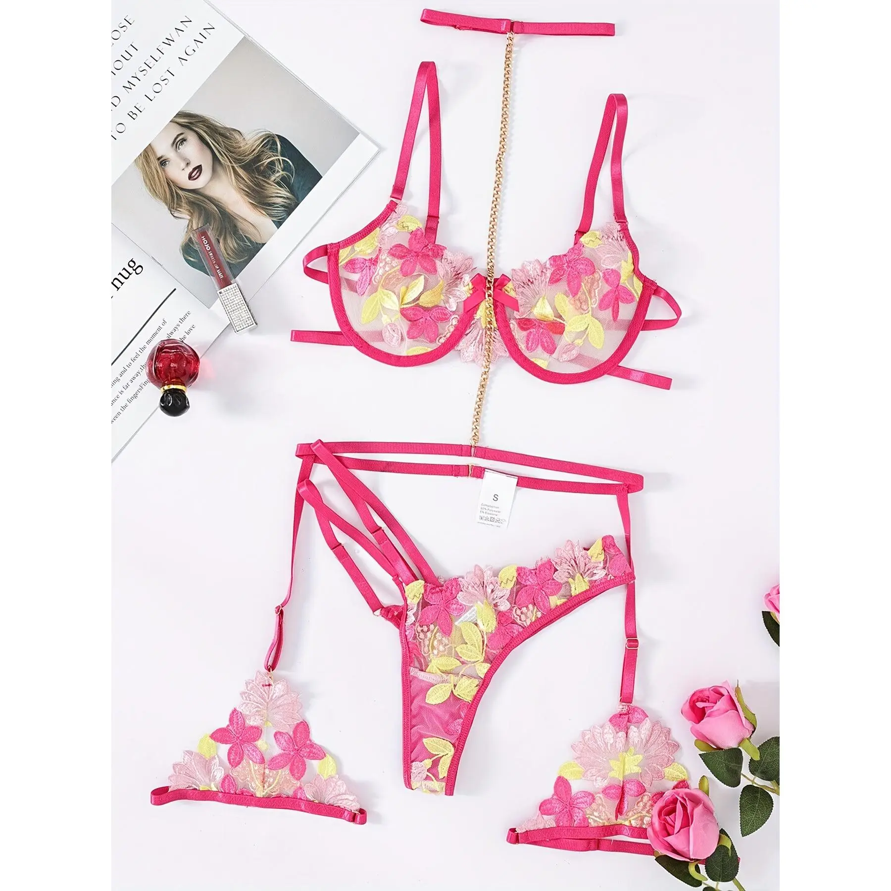 Women's 3-Piece Floral Embroidery Lingerie Set in Strappy Polyester Mesh, Includes Underwire Bra, Garter Belt & Brief, Set Closure, Lingerie Sets, All Over Print