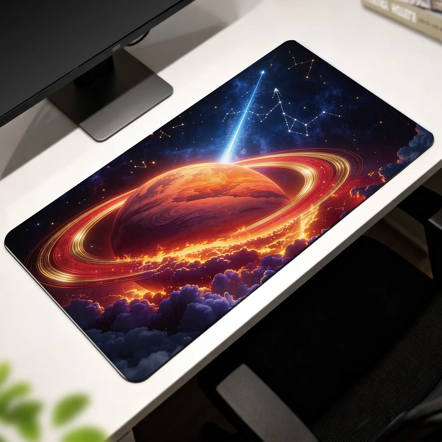 Premium Glowing Saturn Planet With Fiery Rings And Cosmic Constellation Illustration High Quality Mouse PadModern Office Gaming Comfort ExperienceNon?Slip Durable For Daily Work And Play 40*80cm 40*90cm30*70cm