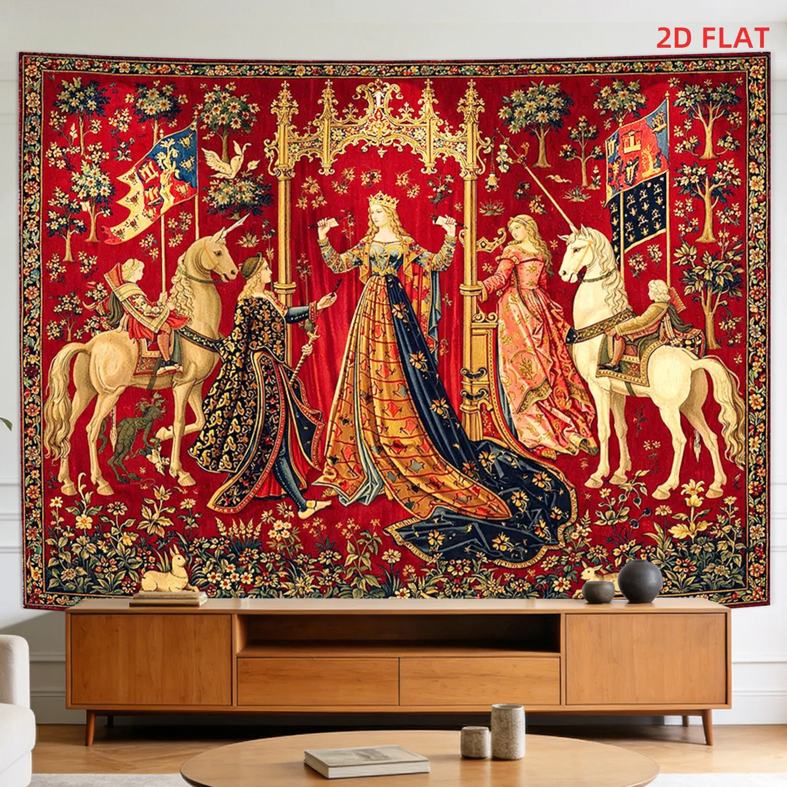 2D Flat, Large or Small Medieval Royal Tapestry Wall Hanging - Large Horizontal Wall Decor Suitable for Living Room, Meditation Space & Office - Golden Embroidery & Intricate Patterns, Medieval Theme, Fabric Decorative Panel, 2D Flat