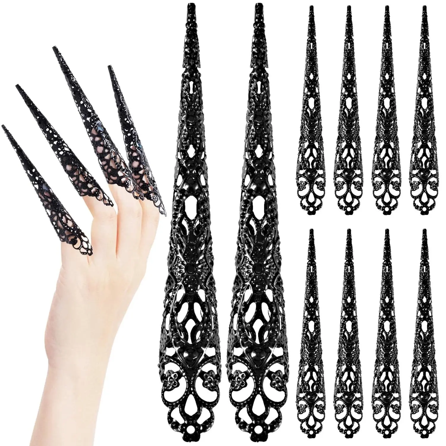 10 Pack Black Metal Fingertip Claw Nail Rings, 4.82 x 0.65 Inch Ancient Queen Costume Finger Claws, Finger Guards for Halloween, Cosplay, Drama Dance Show(Gift)