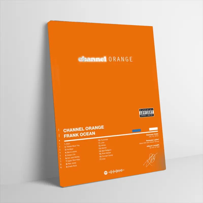 Frank Ocean Channel Orange Poster Canvas Wall Art Bright Orange Album Cover Tracklist Design Print R&B Soul Music Poster Wall Decor for Dorm Room Living Room Bedroom Fans Unframed