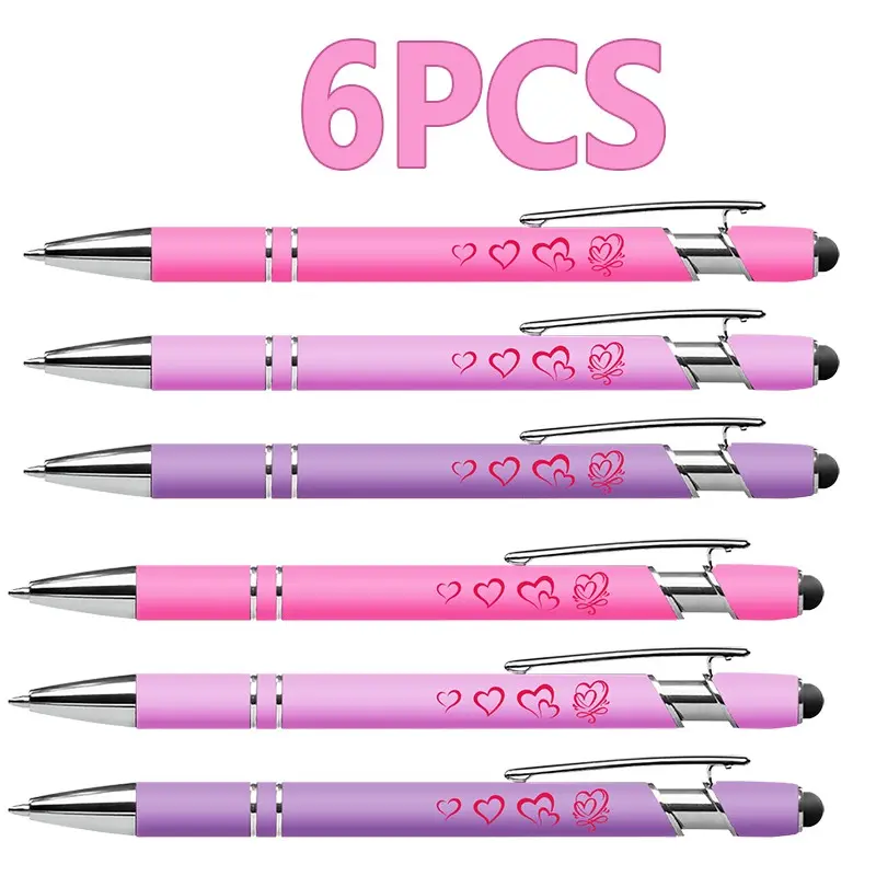 [6-Pack Heart-Shaped Ballpoint Pens, Aesthetic Pens] pink stationery set, perfect gift for students and office workers, dual-function touchscreen ballpoint pen compatible with touchscreen devices