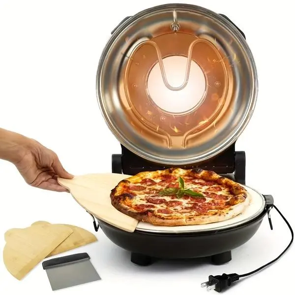 12 in Indoor Countertop Electric Pizza Oven - Black Pizza Maker with Dual Heat Controls, 800°F Max Temperature, Under 6 Min Cooking Time