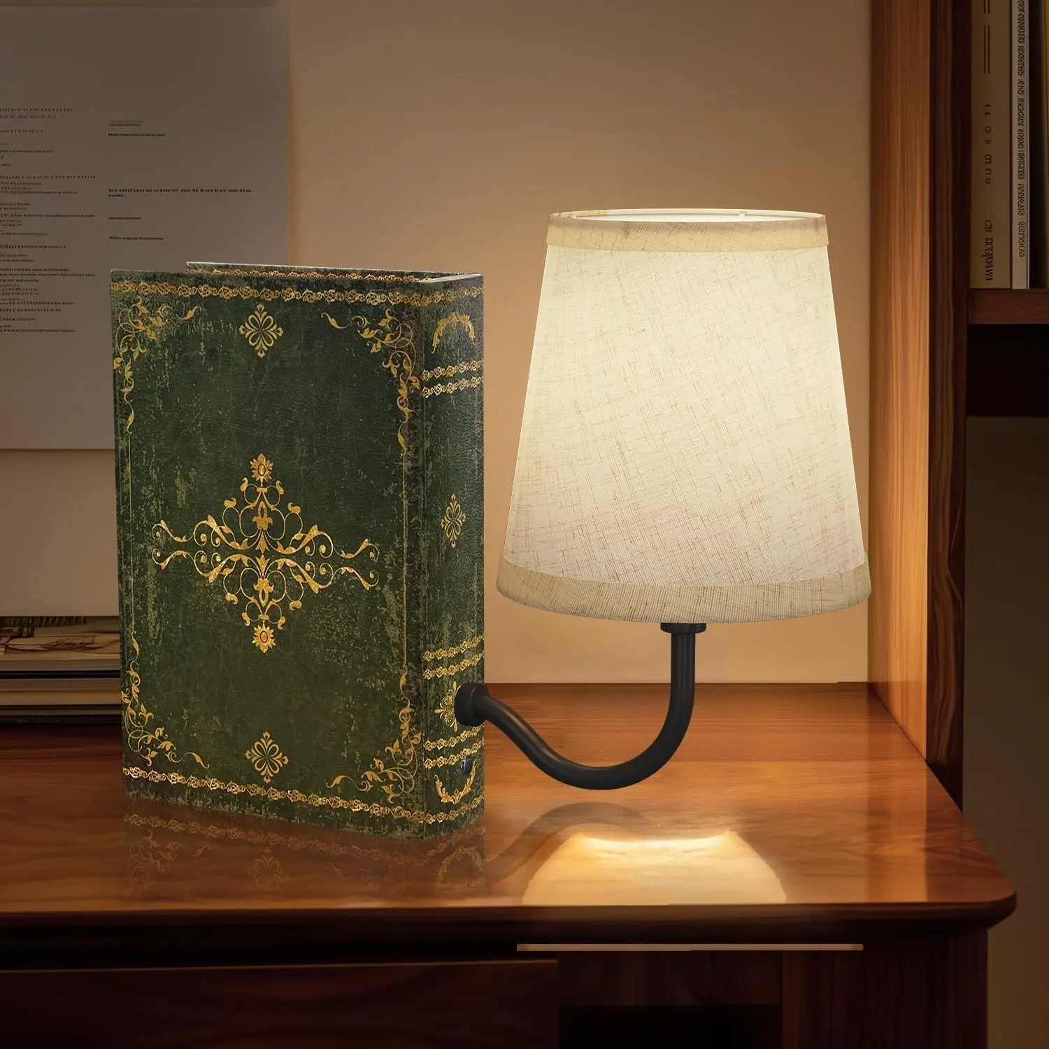 Vintage Bookshelf Lamp Rechargeable, Cordless | Linen Shade, Dimmable Touch Control, Modern Decorative Bookend, Book Lamp Design
