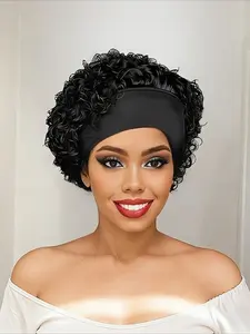 Headbands Wig Curly Wave Human Hair Wig for Women Pixie Cut Full Machine Made Wig 150% Density 6 Inch Wig Ideal for Daily Use and Special Occasions like Christmas and New Year Party