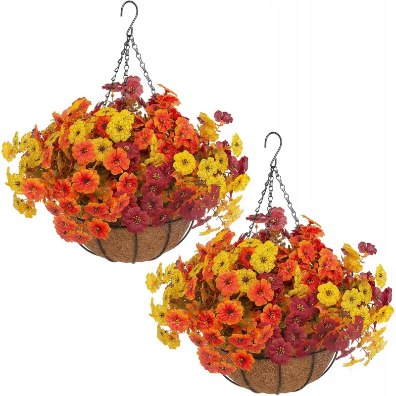 2 Pack 10 Inch Hanging Baskets Planters with 16 Pcs Orange Fall Mums - Fade Resistant Artificial Flowers for Summer to Fall Porch, Garden, Patio, Balcony & Thanksgiving Decor, No Watering, All-Weather, UV Resistant