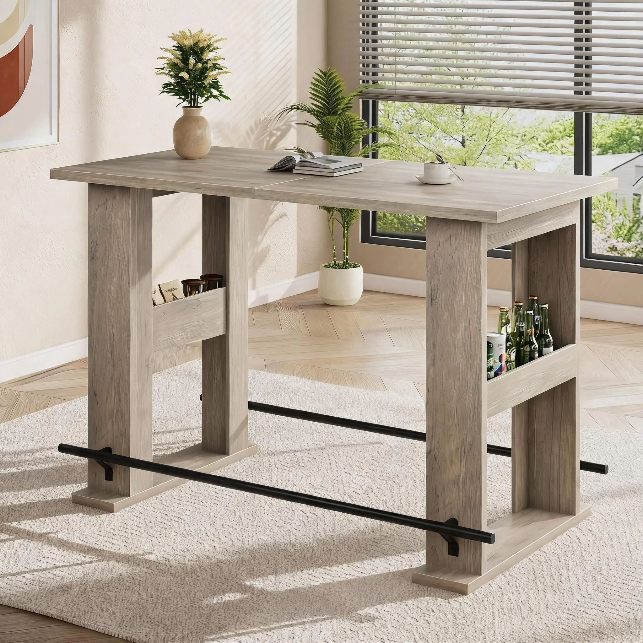 Gray Oak Farmhouse Bar Height Pub Table Only, 160cm Rectangular Counter Height Bistro Table with Dual Storage Shelves & Metal Footrest, Seats 4-6 for Kitchen and Coffee Bar