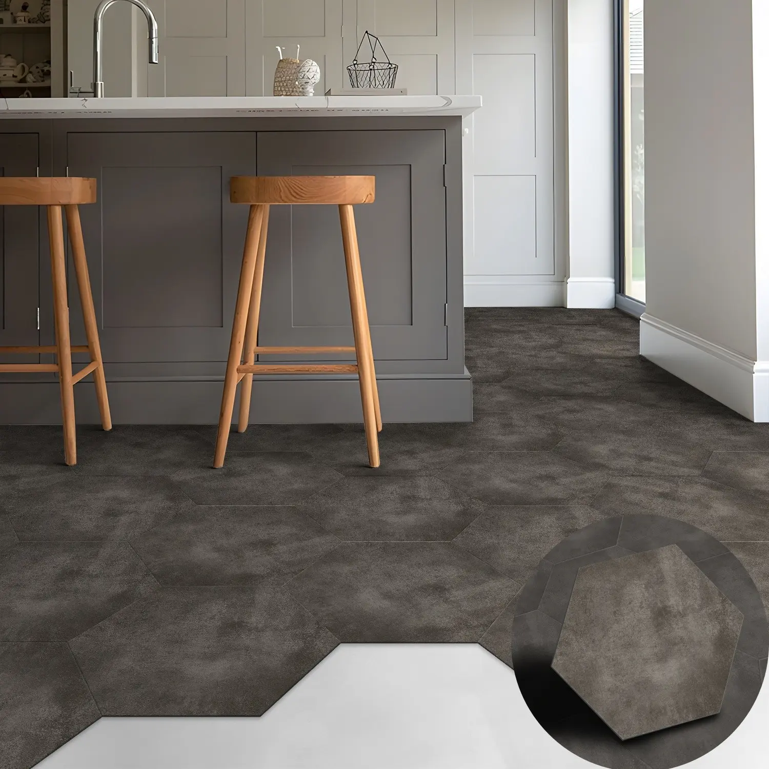 Thick Decorative Floor Stickers, Lvt Hexagonal Floor Tiles, Waterproof Anti-Slip Dirt-Resistant, Ideal for Home Renovation and Rental Properties