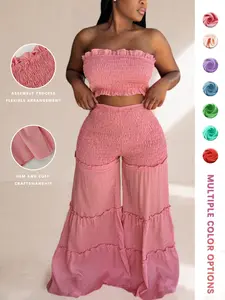 Women's Frill Trim Shirred Flare Leg Pants Set, Boho Crop Tube Top & High Waist Trousers for Beach Holiday Vacation, Ladies Summer Clothes
