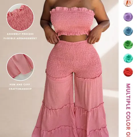 Women's Frill Trim Shirred Flare Leg Pants Coordinate Set, Two Pieces, Elegance Boho Casual Crop Tube Top & High Waist Trousers for Beach Holiday Vacation, Ladies Summer Clothes