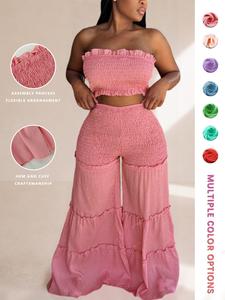 women's frill trim shirred flare leg pants set, boho style crop tube top & high waist trousers for beach holiday vacation, ladies summer clothes, bohemian womenswear, lightweight summer 2 piece set