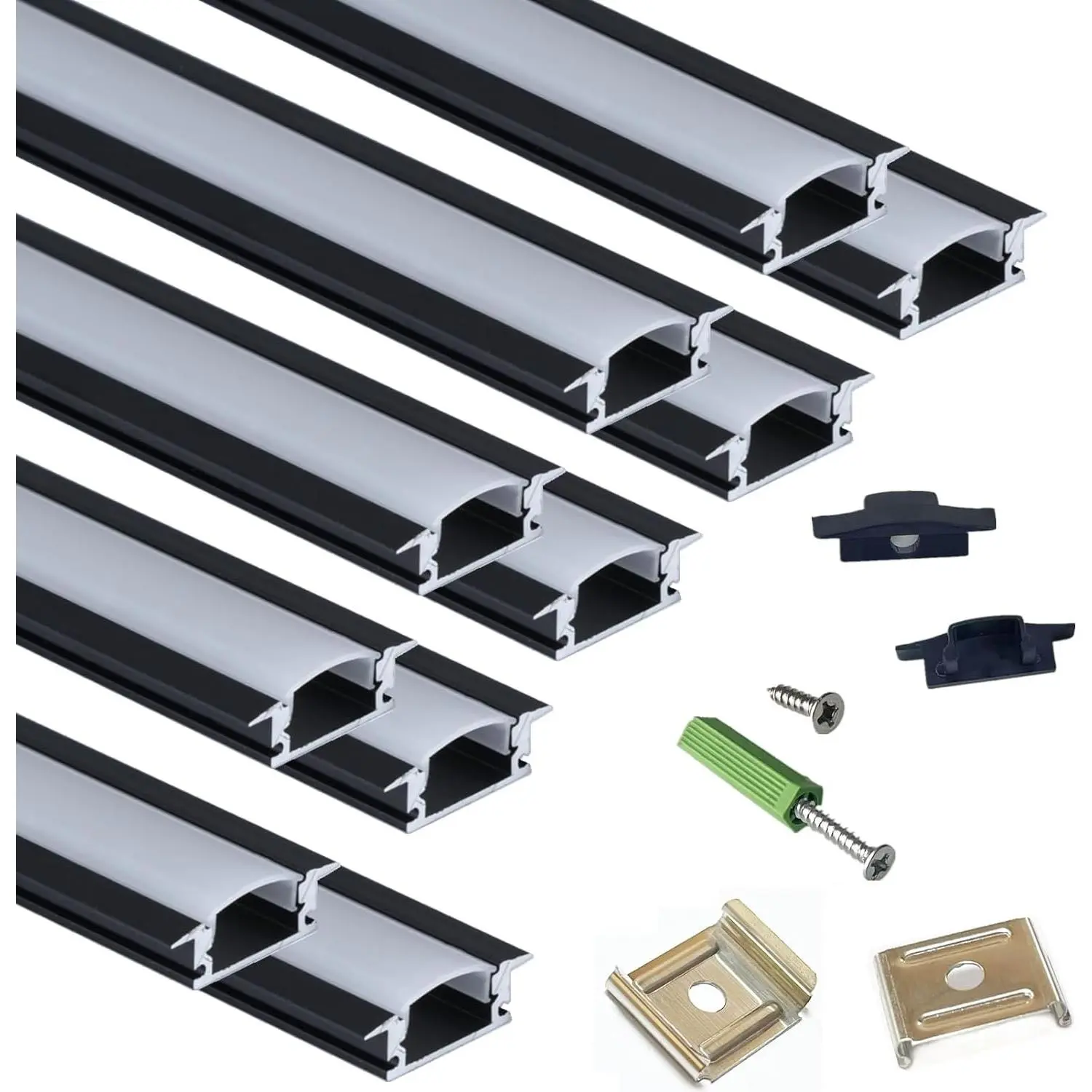 10-Pack 3.3FT/1M LED Strip Aluminum Channel Diffuser, Collar Shape Tape Light Under Cabinet Floating Shelf Alcove Recessed 25X7MM Matte Black Anodized Track, Milky Cover Concave Slot Profile