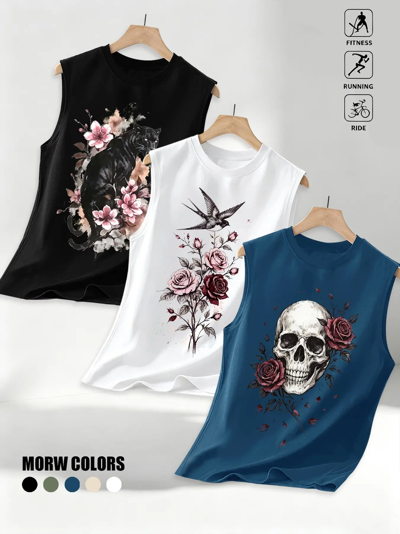 Men's 3-Pack Sporty Tank Tops, Ink Wash Leopard Cherry Blossom Print, Breathable Fitness Wear, American Tattoo Subculture Style