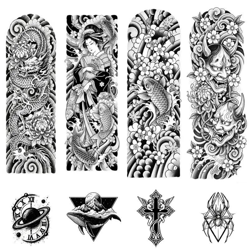 Full arm semi permanent tattoo waterproof lasting 7-15 days Japanese style hand back herbal temporary tattoo sticker 15 * 46cm/8 * 10cm Hand Back Water Transfer Printing Process