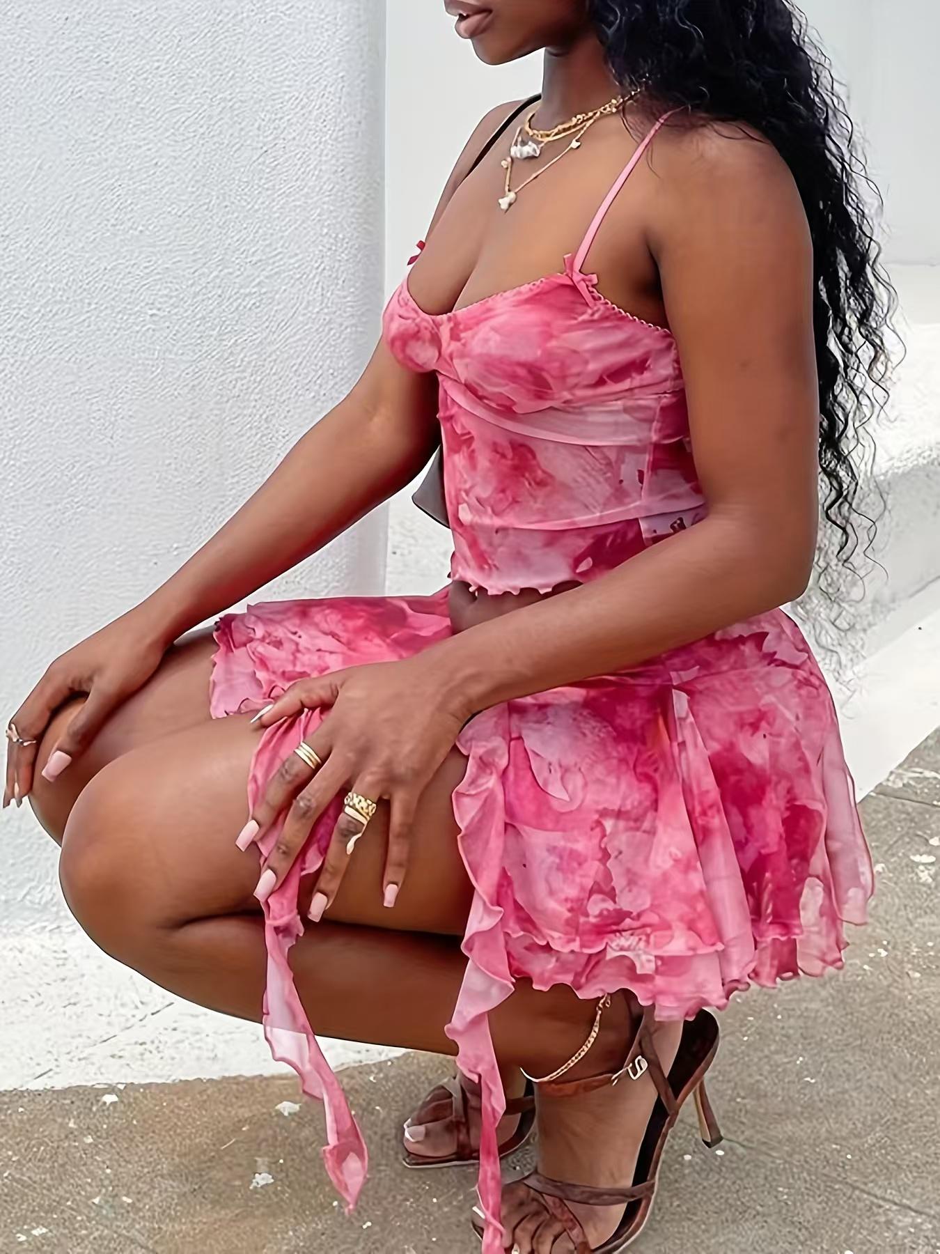 Women's Fashion Printed Vacation Beach Set, Sexy Backless Crop Top and Split Skirt Two-Piece Set, Trendy Summer