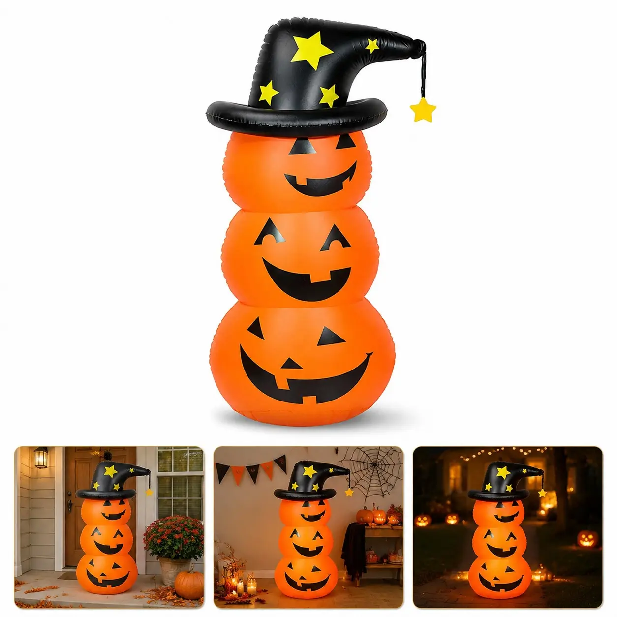 4.6 Feet Inflatable Halloween Pumpkin Stack Decor, Witch Hat Pumpkins, Outdoor Indoor Halloween Decoration, Festive Scene Setup