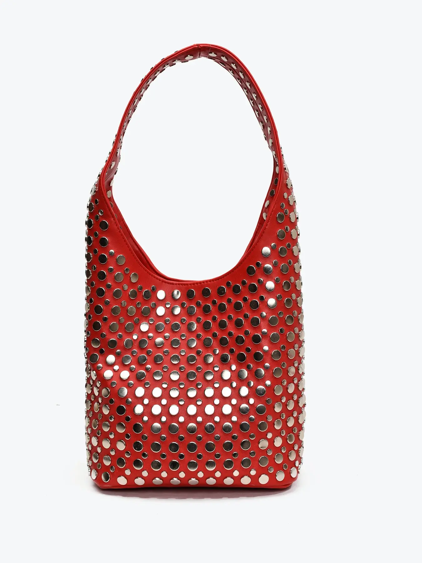 Y2K Vintage Glam Shiny Silver Rivet Decor Underarm Purse Punk Aesthetic Multi-Tone Metal Dot Large Capacity Daily Commute Purse, Tote Handbag, Silver Faux Leather Bucket Tote Bag Heavy-Duty Mixed Metal Studs Large Shoulder Bag