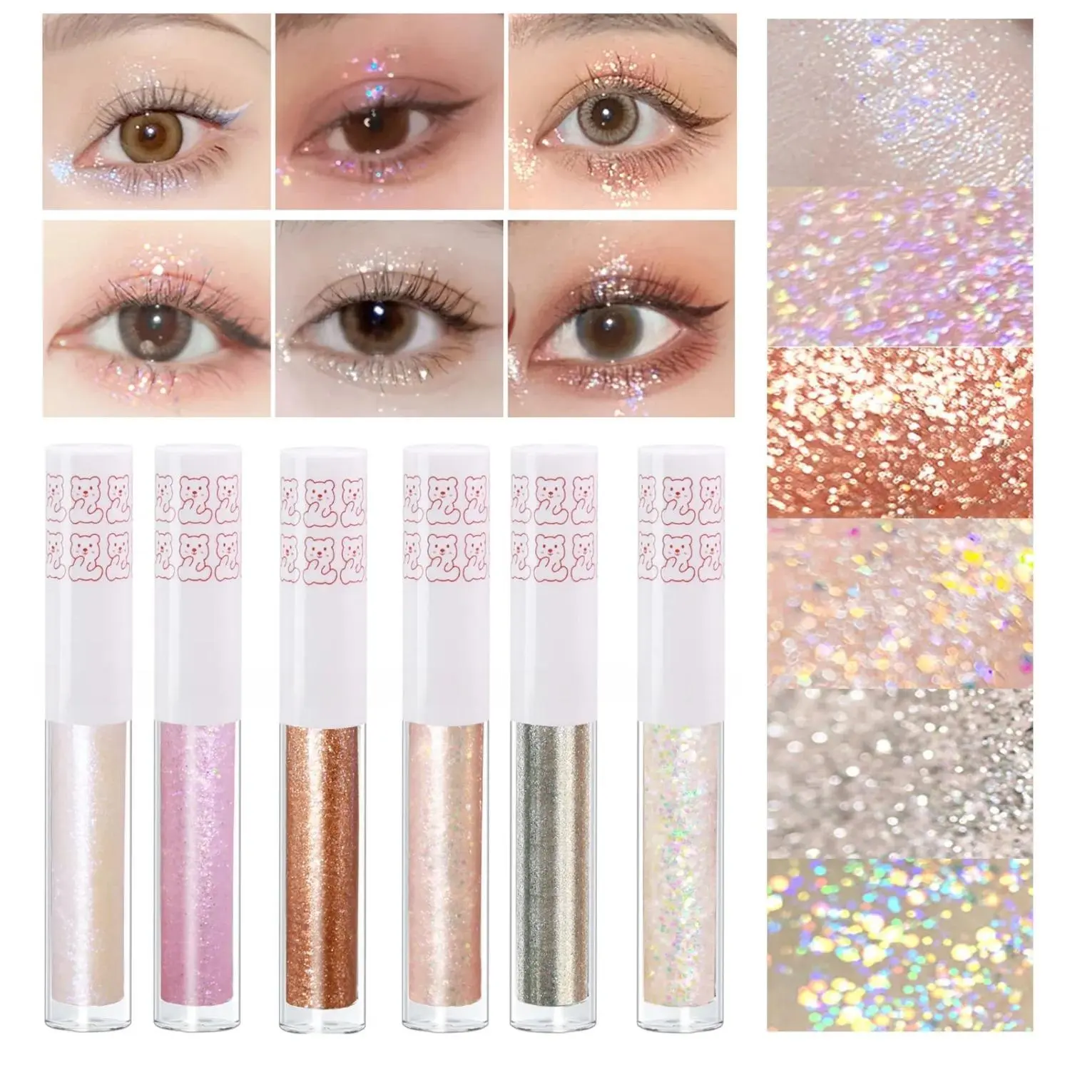 Liquid Glitter Eyeshadow & Eyeliner Set, 6 Pcs Long-Lasting and Quick-Drying Eye Makeup with Bling Colors, Fragrance-Free for Korean Looks, Liquid Glitter Bling Colors, Wedding Makeup, Ladies, Birthday Party, Sunset Beach, Dance Party, Apply With Brush