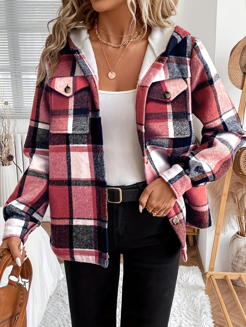 Women's Casual Plaid Hooded Jacket with Fleece Lining 100% Polyester Woven Shirt Button Detail All-Season Warmth Lightweight Outerwear Coats Fitted Khaki Long Sleeve Tops