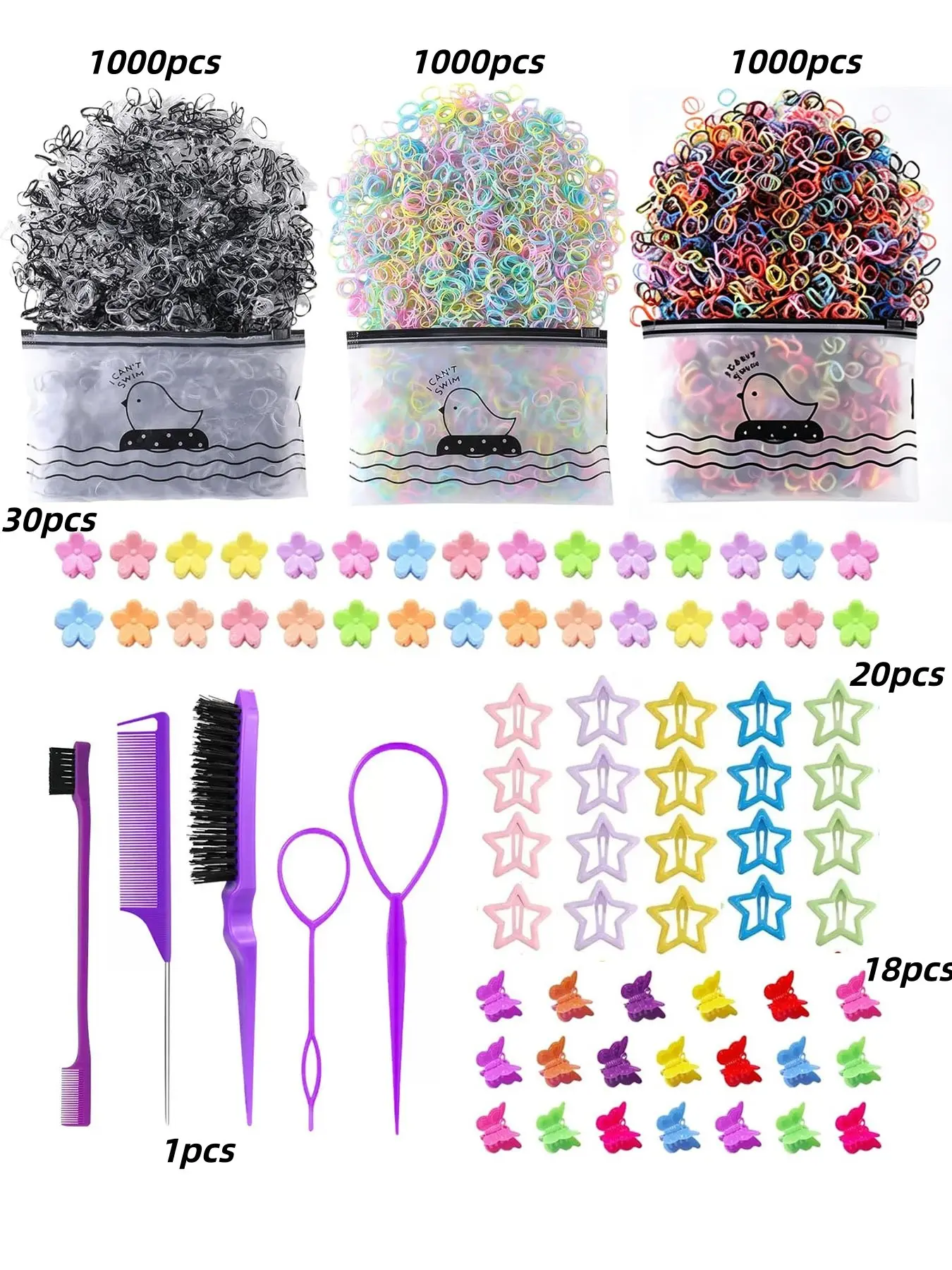3073pcs Hair Accessories Set for Girls, Mini Elastic Hair Ties, Flower Star Butterfly Clips, Hair Styling Comb, Cute Barrettes Kit, Hairstyle Accessory