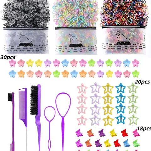 3073-Piece Hair Accessories Set, All Seasons, Mini Elastic Hair Ties, Flower, Star and Butterfly Clips, Hair Styling Comb, Cute Barrettes Hair Accessories for Girls