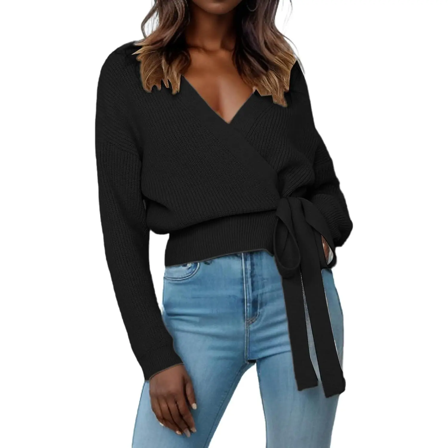 Casual V-Neck Wrap Knitwear Sweater, Lightweight Ribbed Drop-Shoulder Knitted Pullover Tops