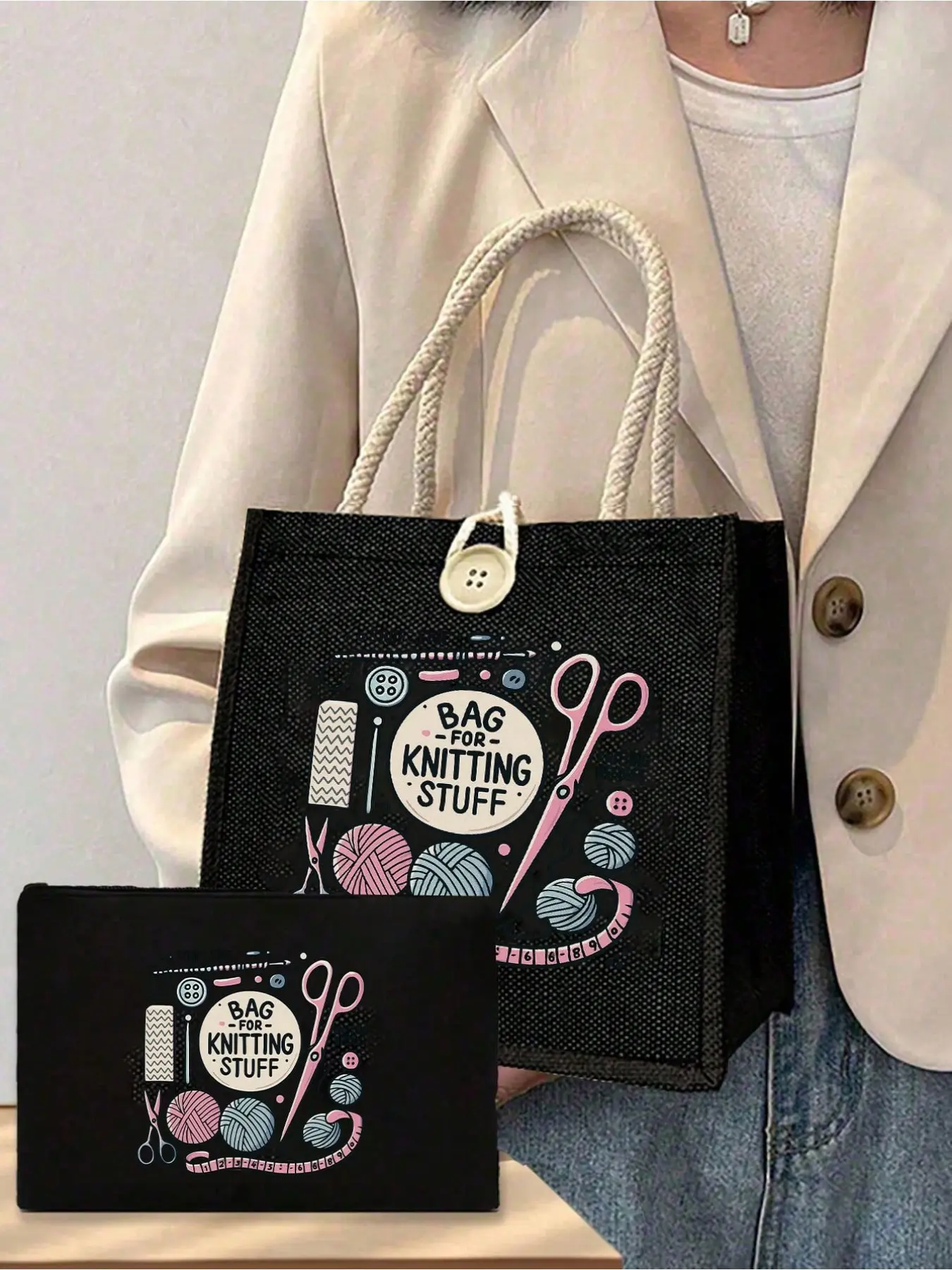 Medium Handbag with Buckle, Includes Mini Makeup Bag, Knitting Needle Organizer, Versatile Storage, Ideal for Travel and Daily Use