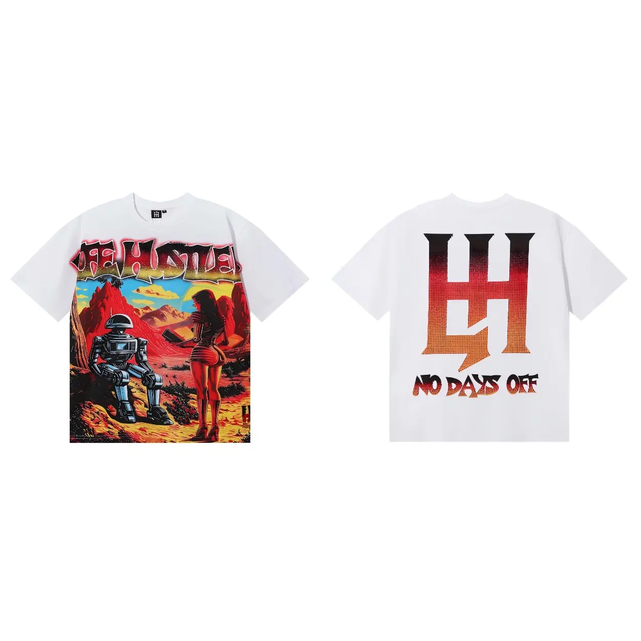 Life Hustlers No Days Off Double Sided Rhinestone Retro Sci-Fi Robot Graphic T-Shirt, Vintage Oversized Hip Hop Streetwear Cotton Short Sleeve Tee for Men