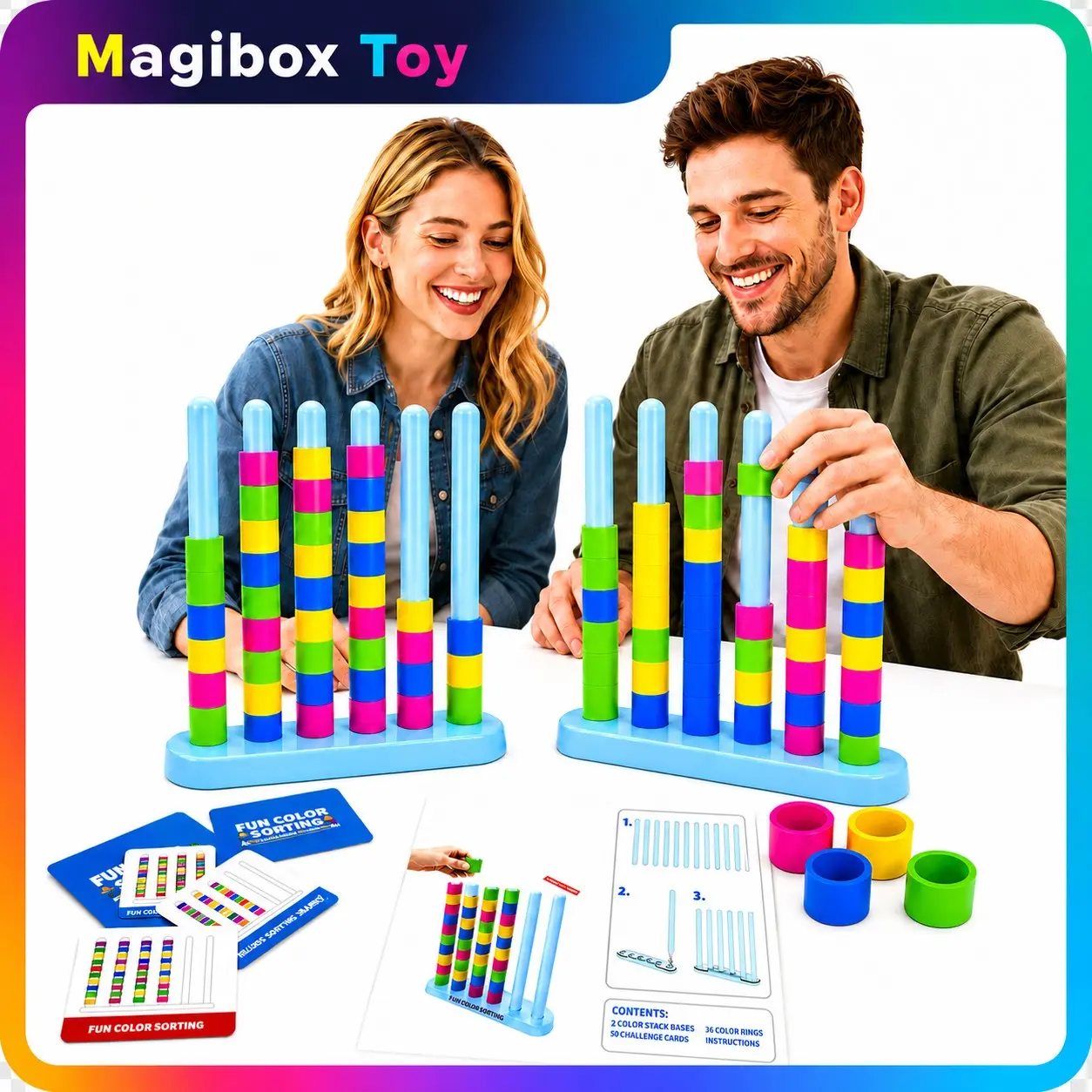 Color Sorting Stacking Block Game, Montessori Educational Toy for Kids, Matching Logic Board Game, Family Party Learning Toy, Family Fun Game