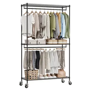 Heavy Duty Freestanding Garment Rack Organizer - 3-Tier Adjustable Metal Shelves - Double Hanging Rods - Rolling Portable Closet Storage for Bedroom or Laundry Room