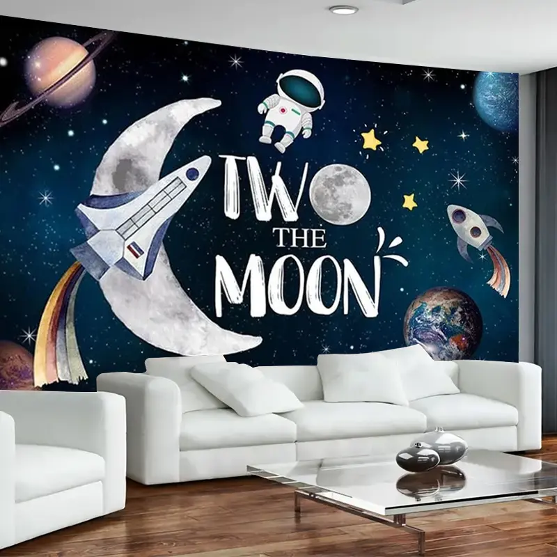 1 piece "Two The Moon" space-themed birthday banner - polyester backdrop with astronaut, rocket, and planet patterns, suitable for boys' and girls' 2nd birthday parties and holiday decorations, galaxy night sky design, moon-themed home decor