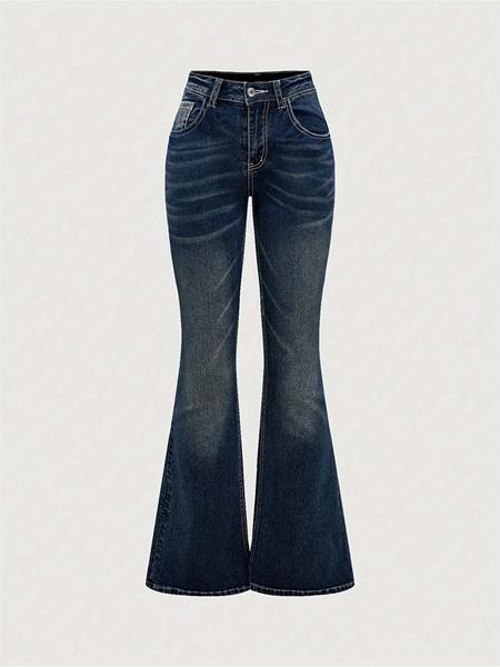 Women's Elegant Fitted Denim Jeans, Hand Embroidered Back Pockets, Rhinestone Detailing, Comfortable Stretchy Washed Look