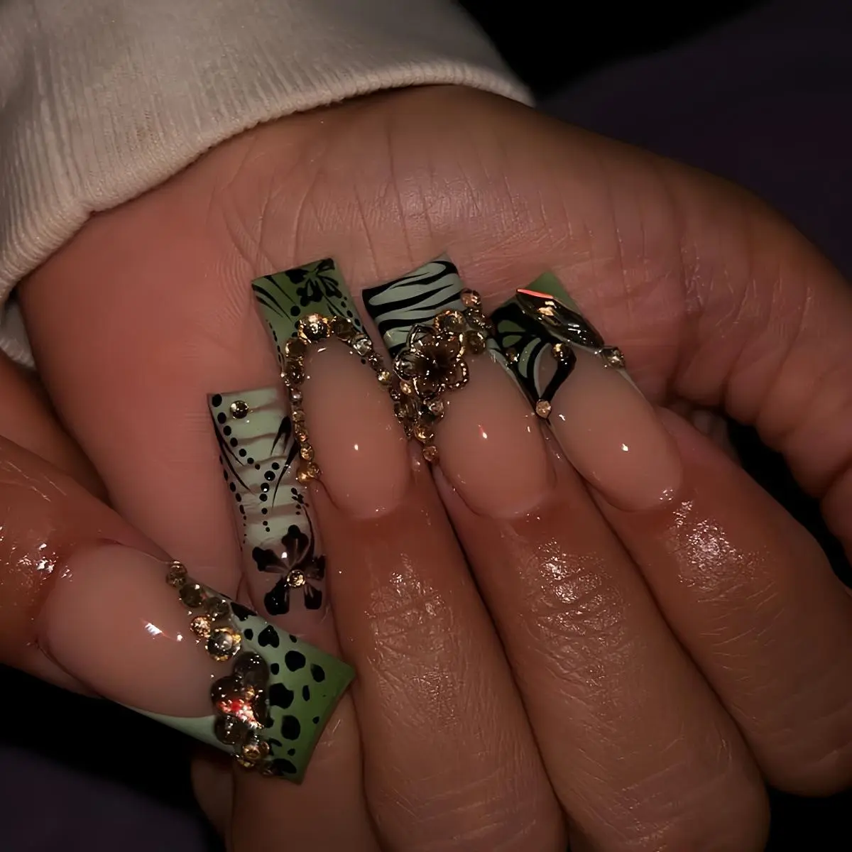 Handmade Press On Nails Kit, Mint Green Leopard-Zebra Print Gold Rhinestone Long Coffin Fake Nails for Cool Street Style Fashion Accessories, Nail Press On Nails
