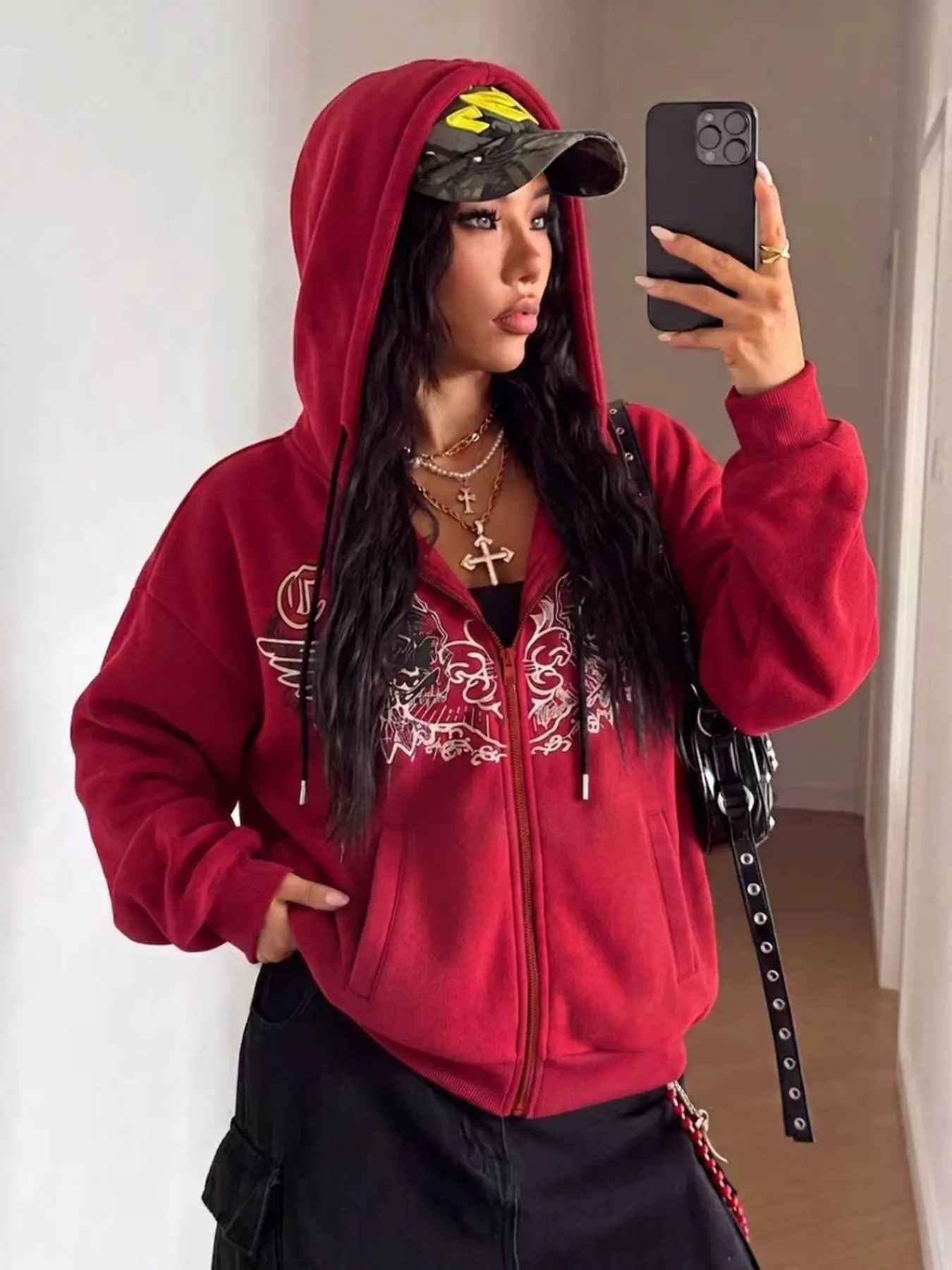 American Vintage Angel Wings Print Burgundy Hooded Zipper Sweatshirt, Loose Fit Slimming Street Style Sweet Cool Wind Casual Open Front Jacket