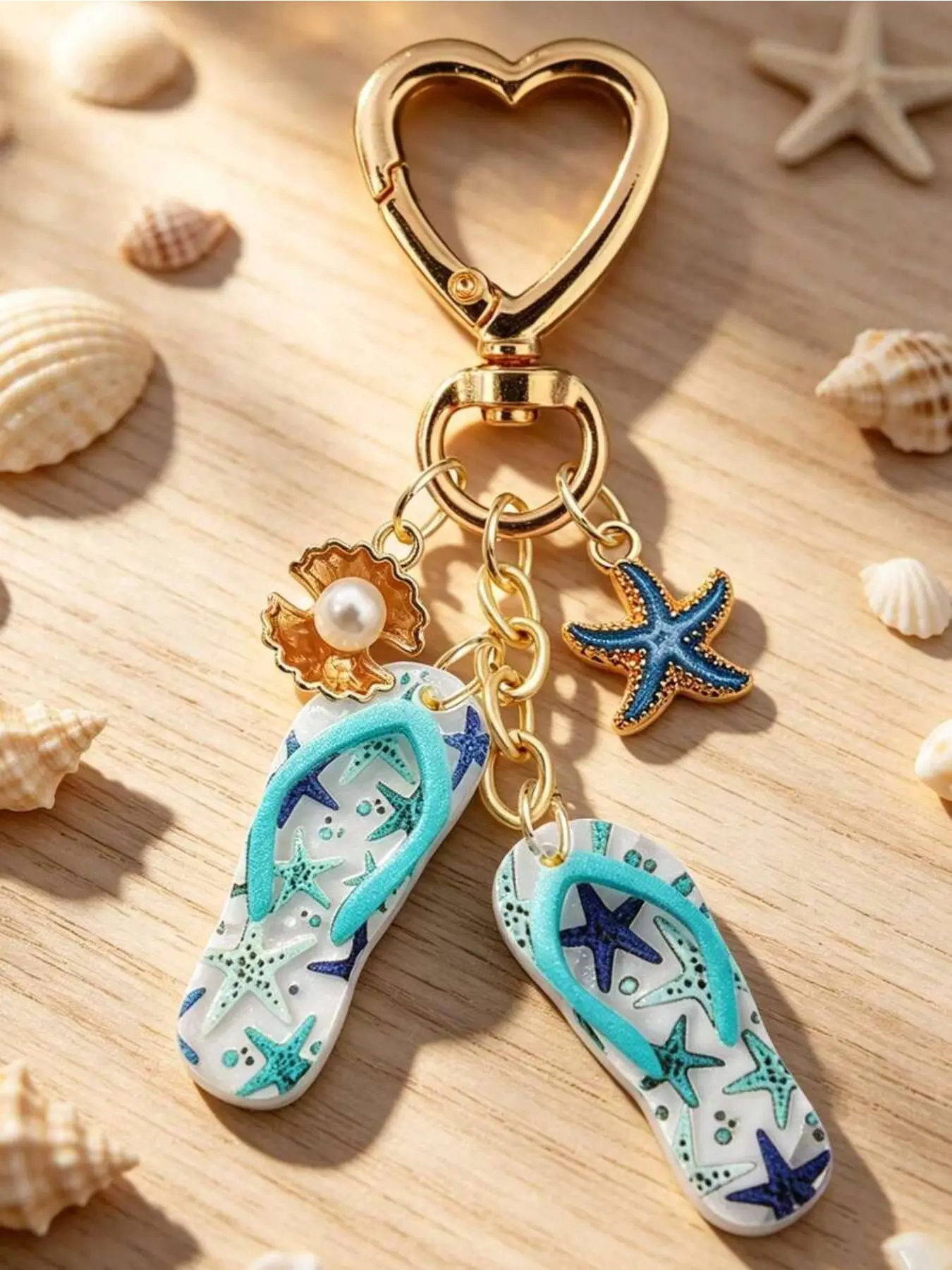 1pc Vacation Ocean-Themed Blue Starfish And Flip Flops And Pearl Shell Pendant Keychain, Beach Keychain, Alloy Keychain, Cute Keychain Accessory, Bag Backpack Charm Car Key Holder, Perfect Accessories For Women's Daily Use, Great Couples Gift