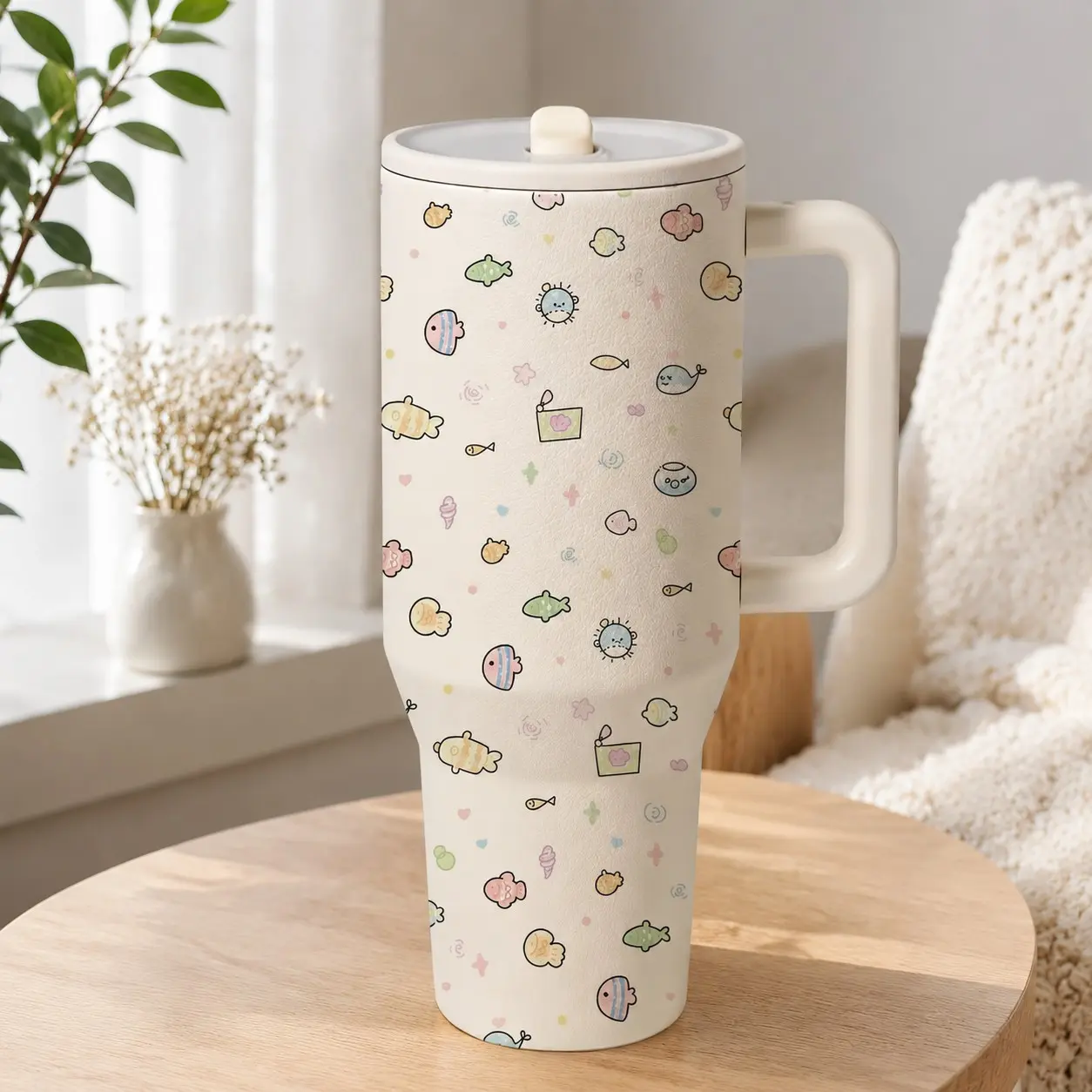 1PC 40oz Kawaii Ocean Friend Insulated Cup, Cute Marine Animal Design, Stainless Steel Water Bottle, Leak-Proof Travel Mug, Perfect Gift