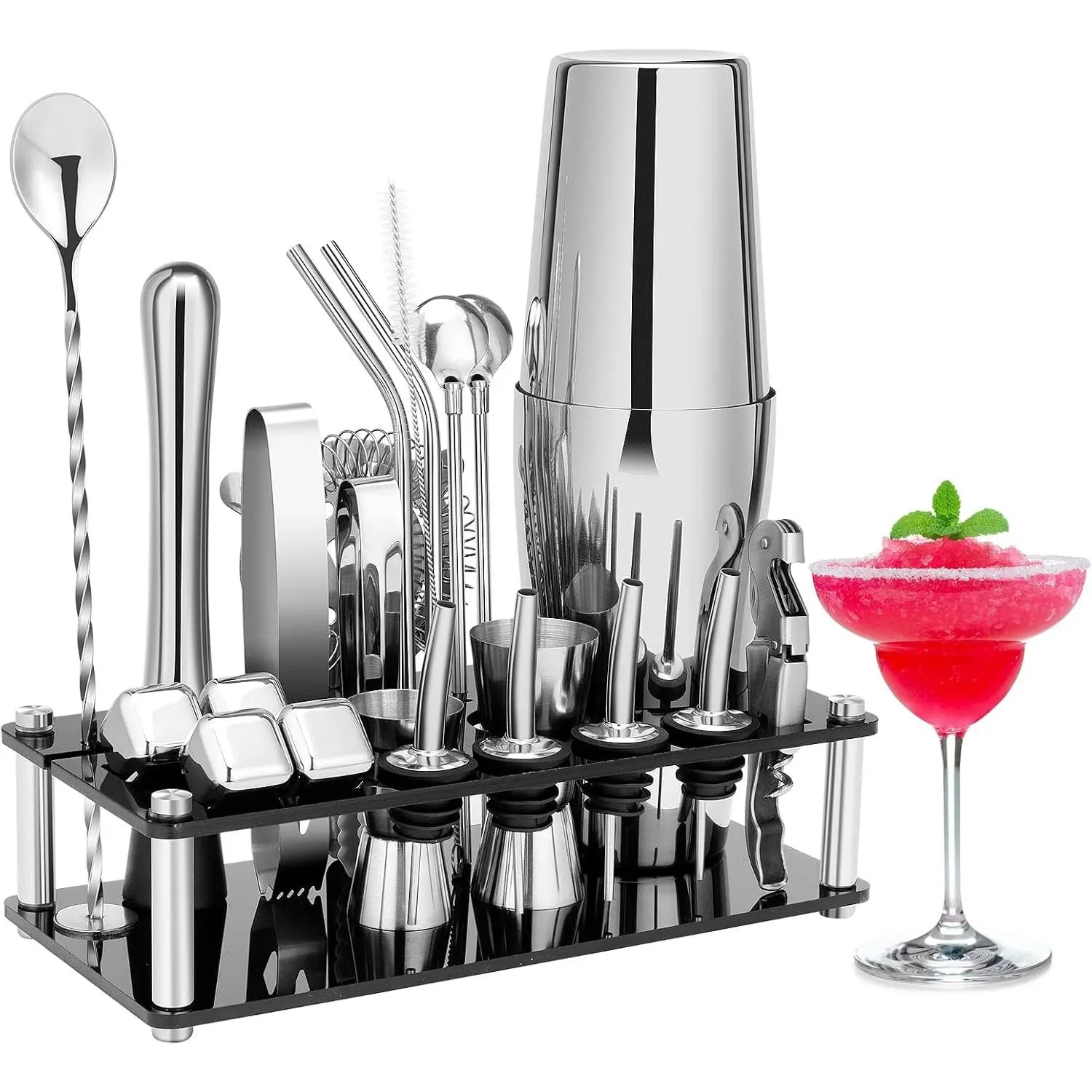 Stainless Steel Boston Cocktail Shaker Set Bartender Kit, Bar Drink Mixer Tools with Stand & Recipe Booklet for Home Cocktail Making, Silver