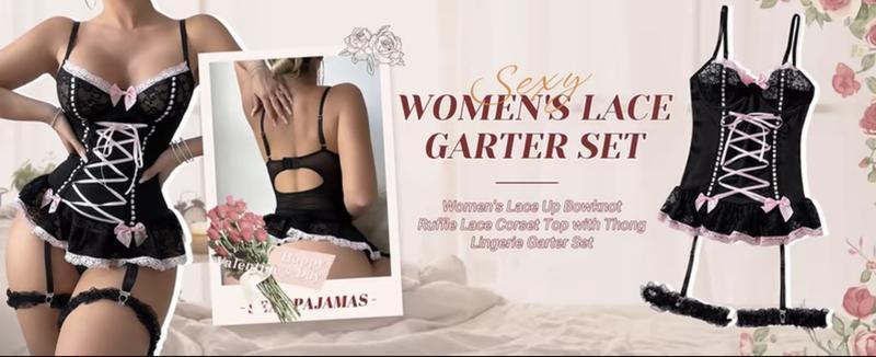 Women's Sexy Black & Pink Lace Corset Lingerie Set, Push-Up Bustier with Lace-Up Detail, Bow Accent Ruffle Hem Garter Belt Lingerie, Perfect for Valentine's Day, Date Night & Romantic Occasions, Seductive Maid Style Intimates