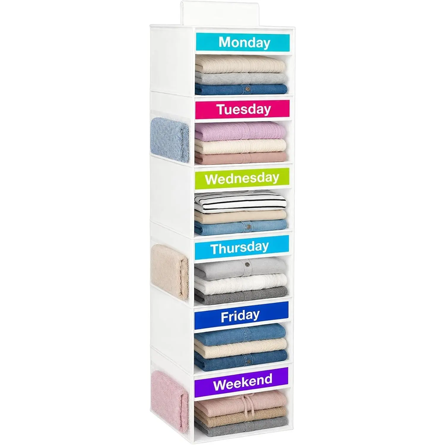 6-Shelf Hanging Closet Organizer, Weekly Clothes Storage Organizer with 6 Side Pockets, White