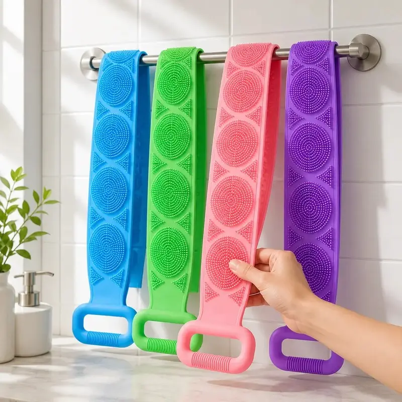 4-color 4-piece set of silicone bath brushes, double-sided exfoliating back brush with mesh sponge, long body scrub with soft brush and handle, back shower tools, body cleaning, home self-care